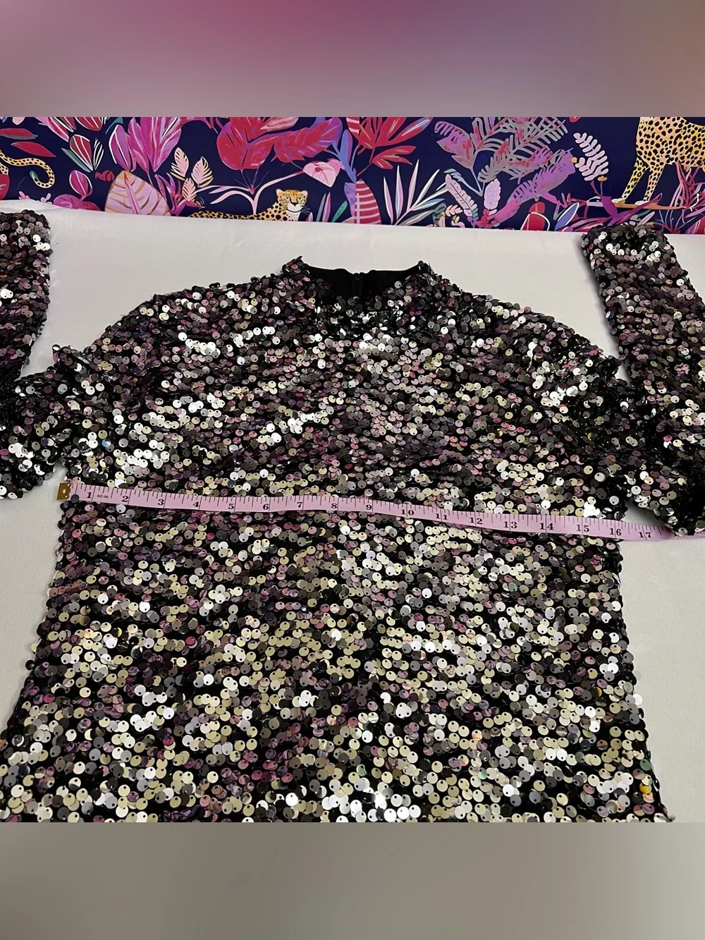 H&M Silver and Black Sequin Long Sleeve Mock Neck Top Size S